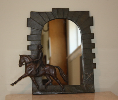 Equestrian gift item: Mirror with frame based on Celle stallion barn entrance and dressage horse & rider in bronze relief