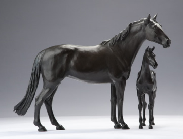 Bronze horse sculpture of mare and foal